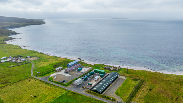 Aerial of EMEC onshore R&D site on the island of Eday, overlooking the tidal energy energy test site (Colin Keldie - EMEC)